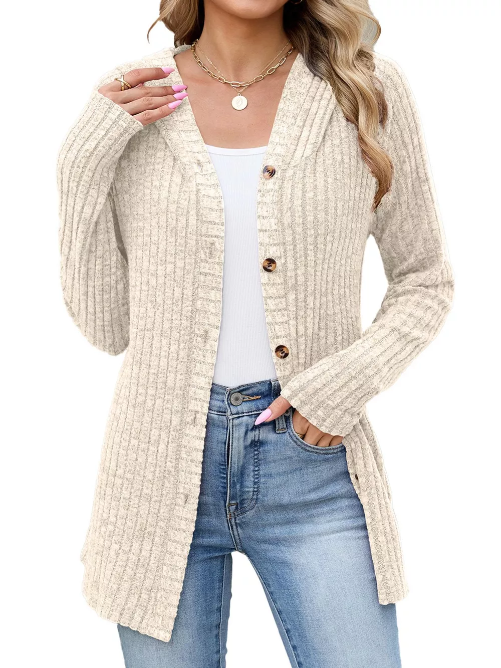 Ribbed Knit Hooded Button-Down Cardigan, image 10