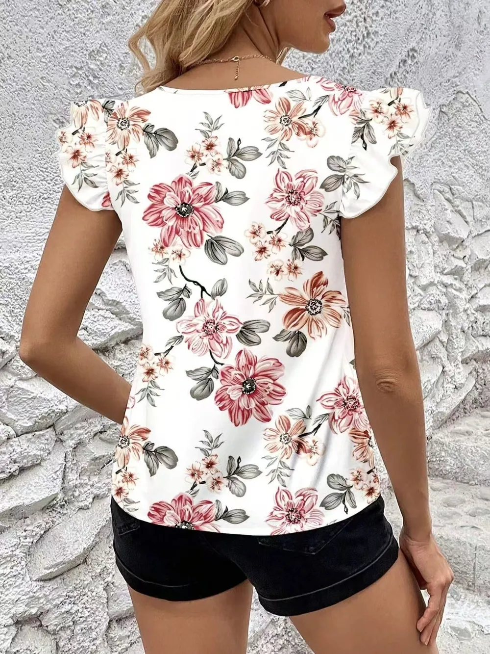 Floral Print Ruffle Sleeve V-Neck Blouse, image 21