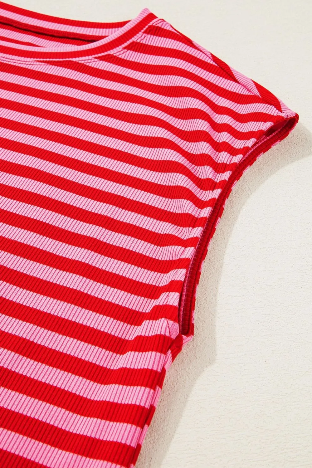 Stripe Ribbed Cap Sleeve Round Neck T Shirt, image 5