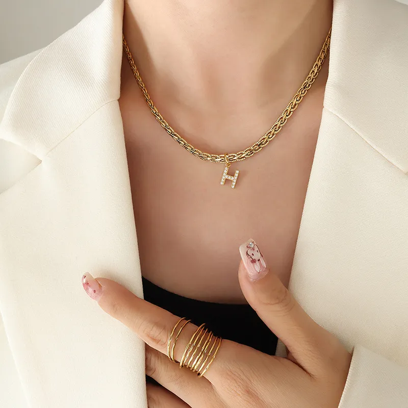 Brass Inlaid Zircon Letter Pendant Necklace, image 9
