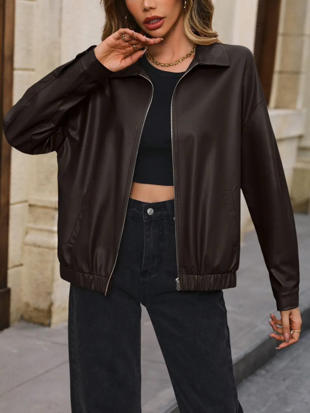 Pocketed Zip Up Collared Neck Jacket, image 5