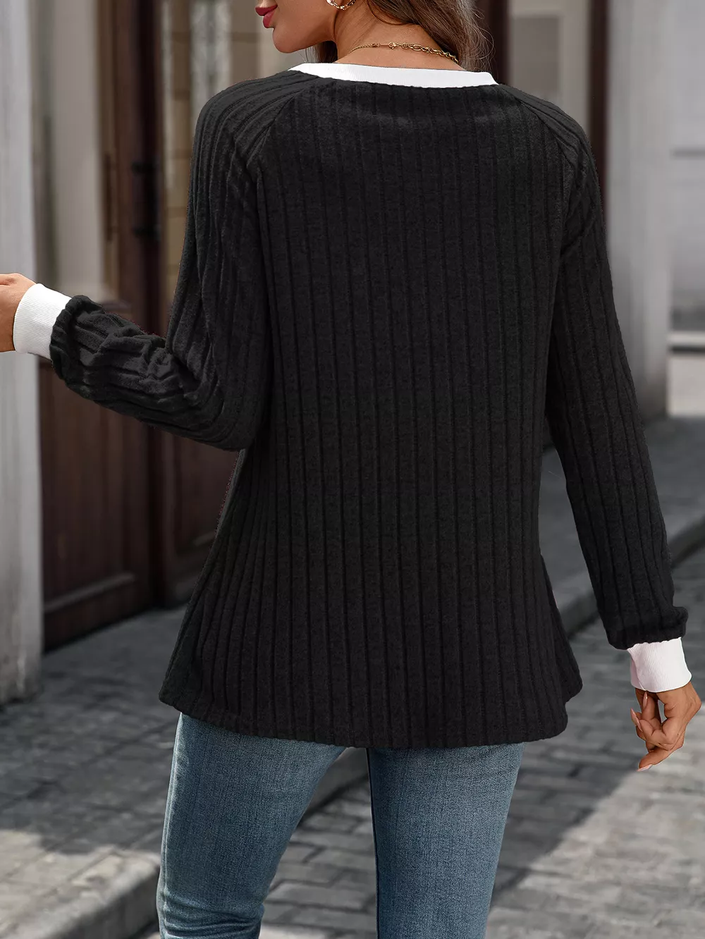 Ribbed Round Neck Raglan Sleeve Knit Top, image 27