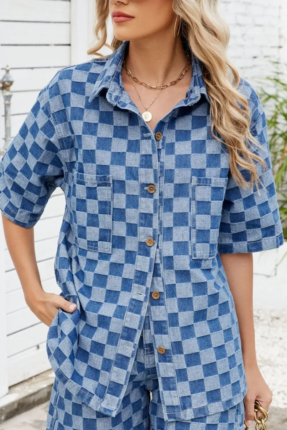 Button Down Checkered Denim Shirt