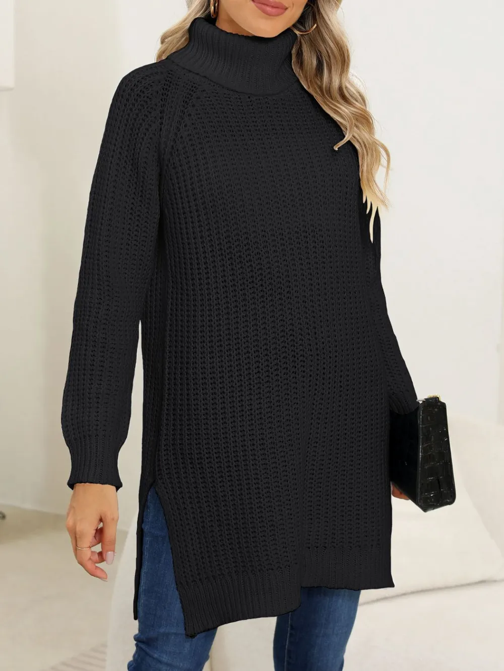 Slit Turtleneck Long Sleeve Sweater, image 12