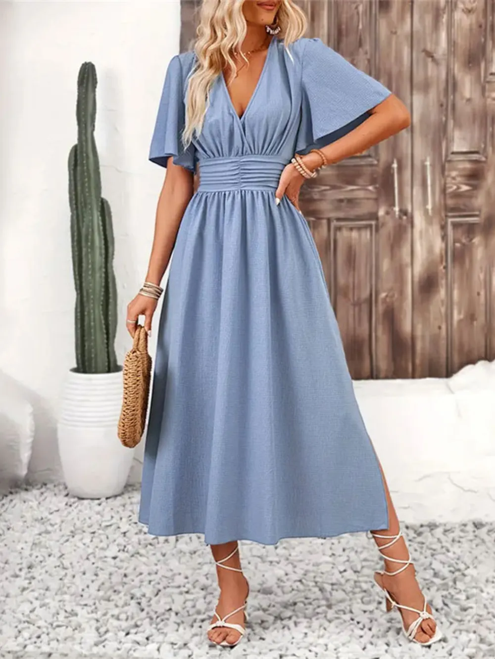 Side Slit Surplice Flutter Sleeve Midi Dress, image 3