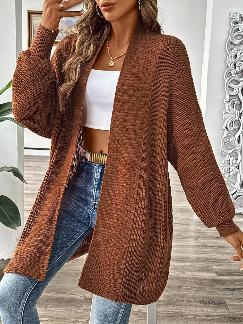 Open Front Ribbed Knit Cardigan, image 4