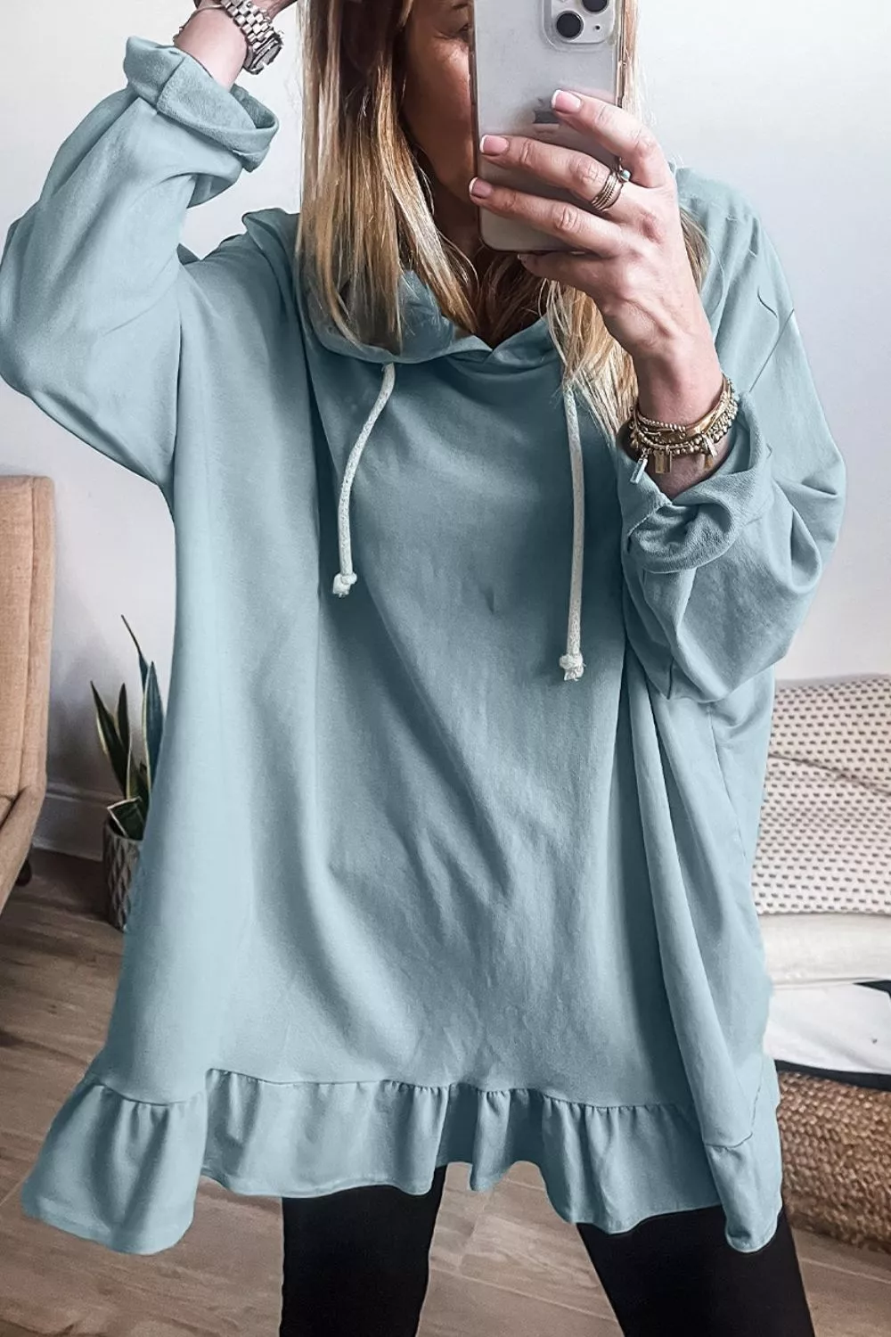 Solid Ruffled Hem Loose Fit Tunic Hoodie, image 2
