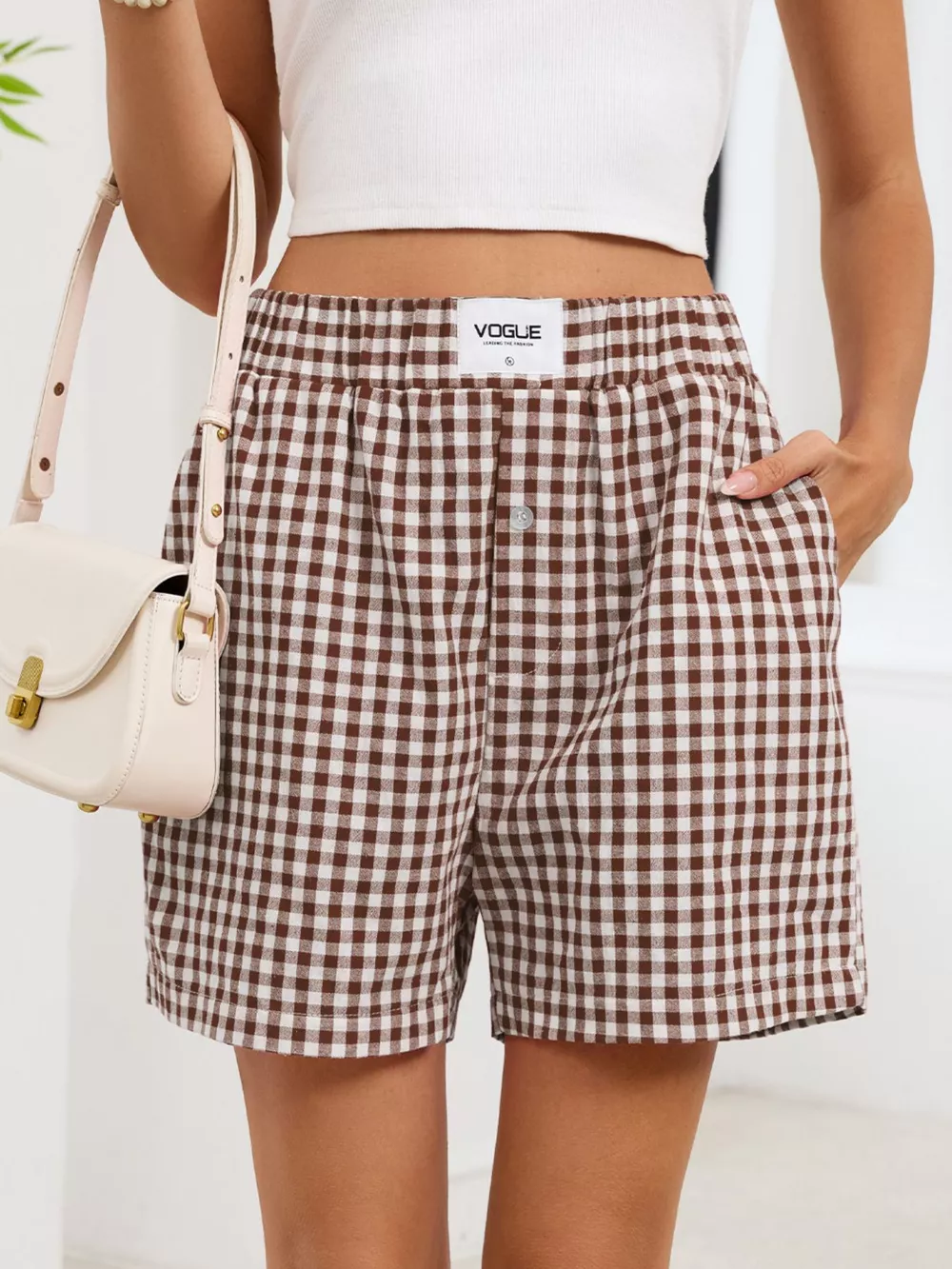 Gingham Elastic Waist Casual Shorts, image 7
