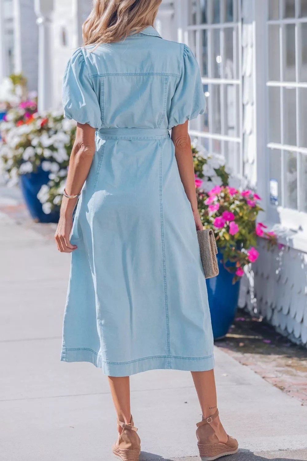 Full Buttons Collared Short Bubble Sleeve Long Denim Dress, image 3