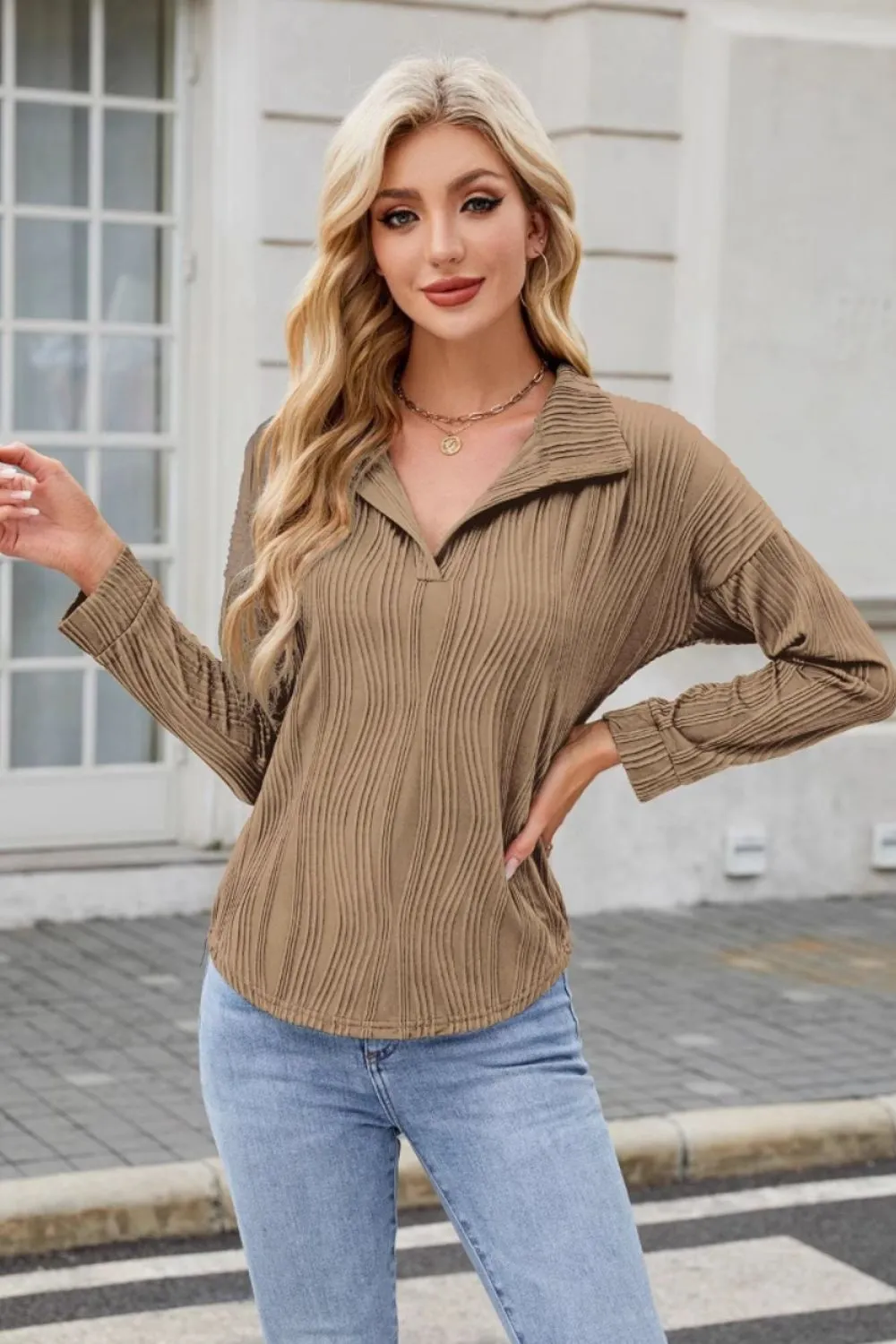 Texture Collared Neck Long Sleeve Blouse, image 14