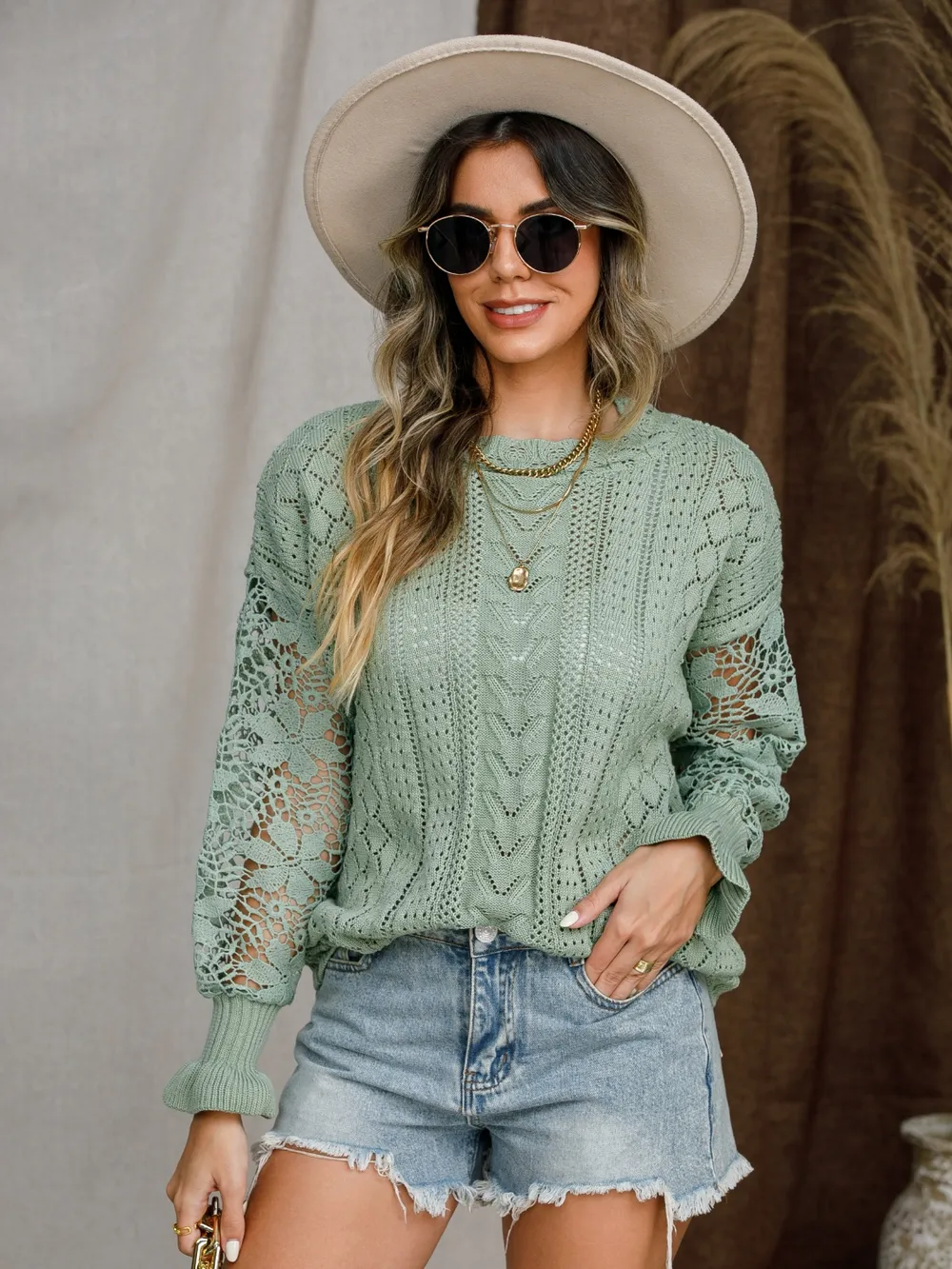 Eyelet Crochet Lantern Sleeve Sweater, image 6
