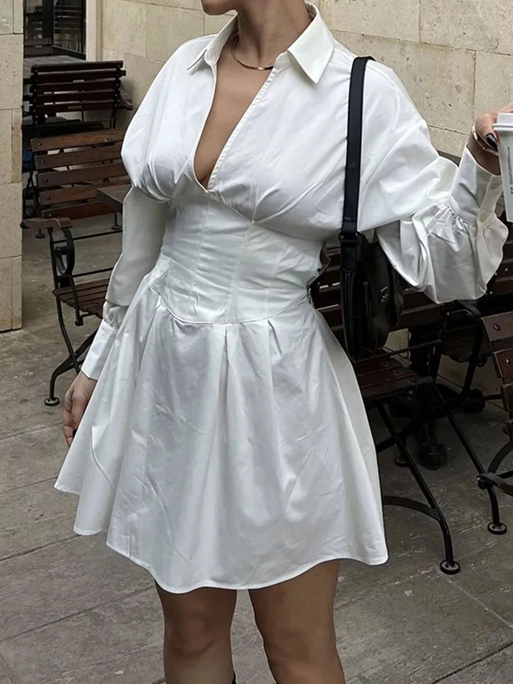 Collared Neck Lantern Sleeve Mini Dress, image 4