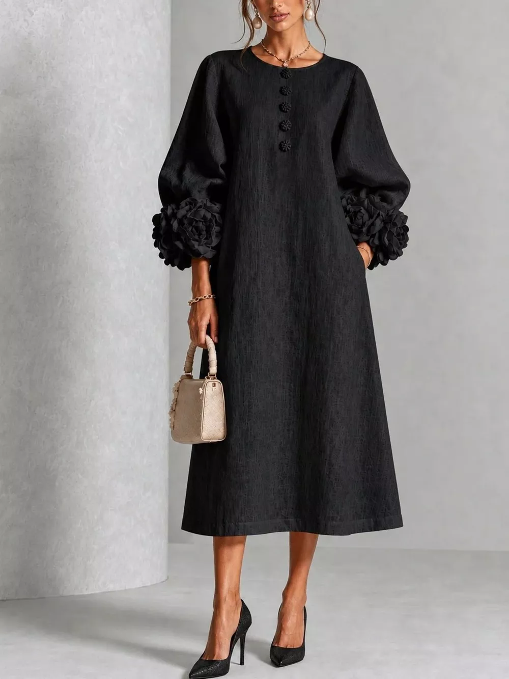 3D Floral Round Neck Midi Dress, image 11