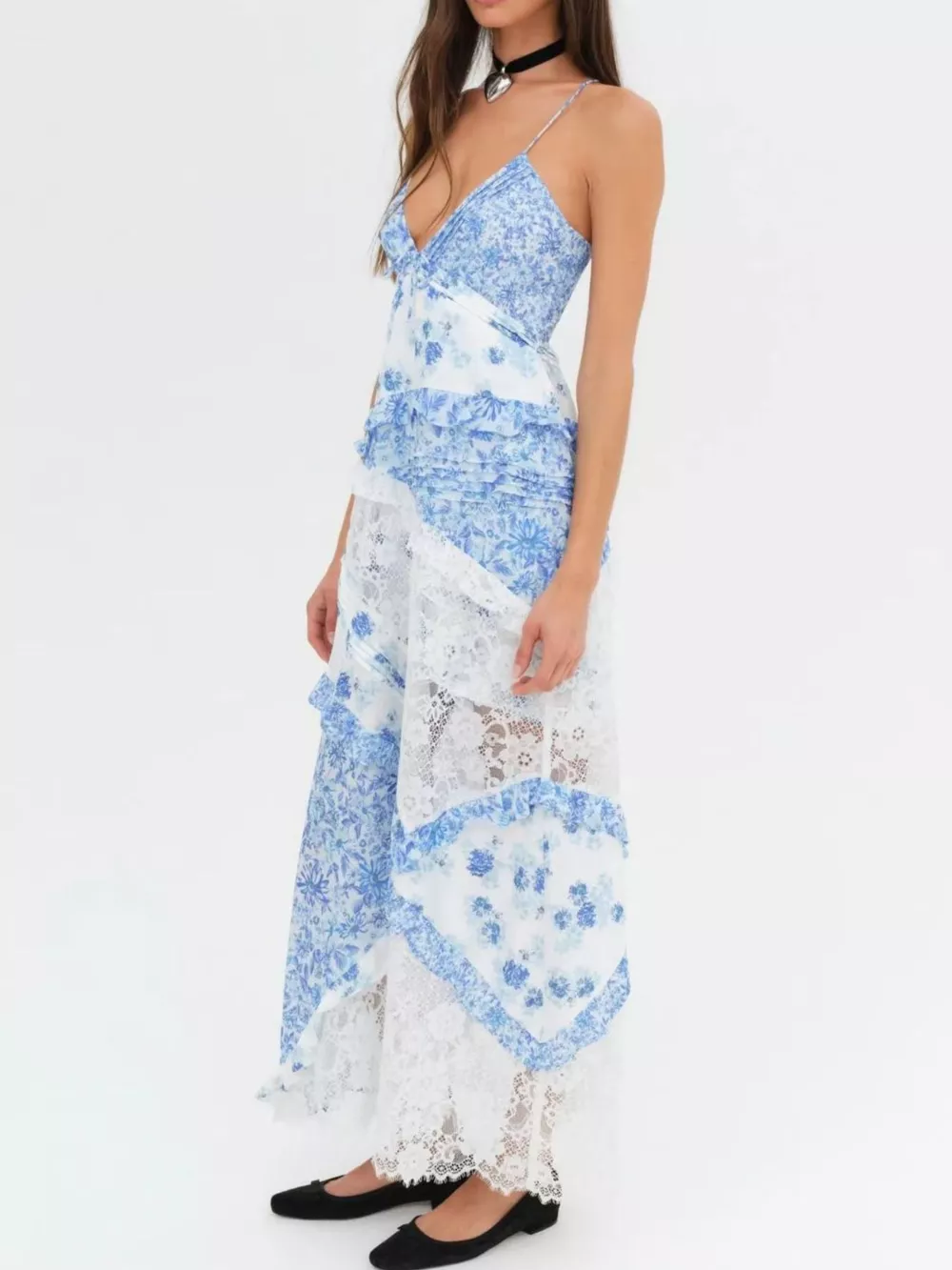Lace Floral Print Ruffle Trim Maxi Dress, image 7