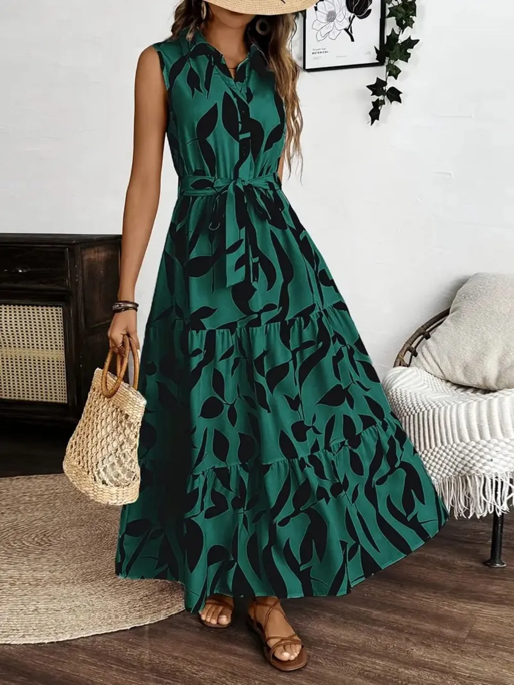 Printed Tie Waist Sleeveless Maxi Dress, image 6
