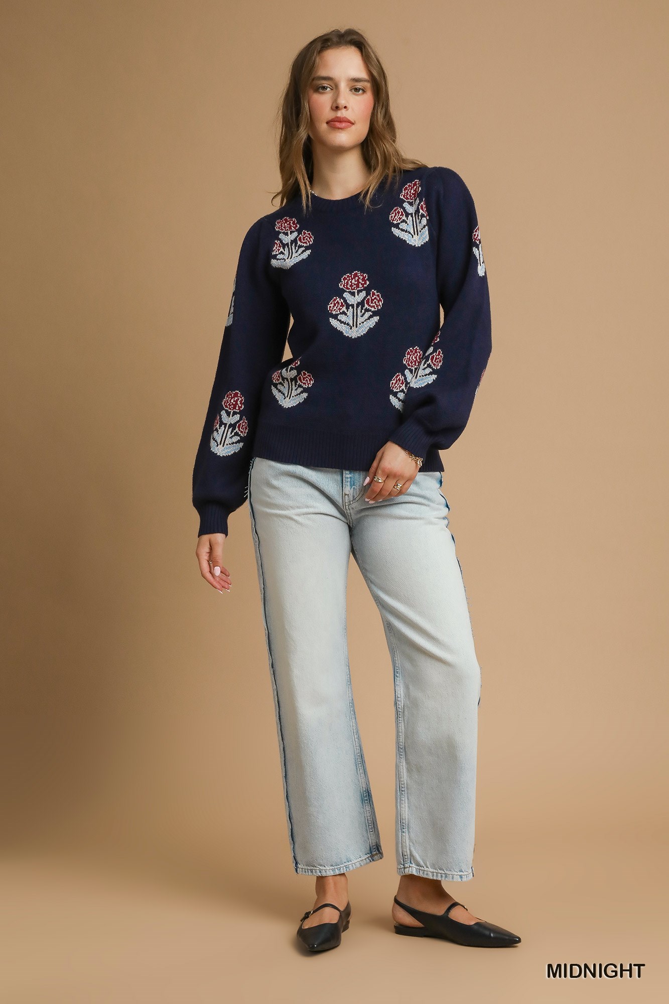 Floral Knit Sweater with Puff Sleeves, image 4