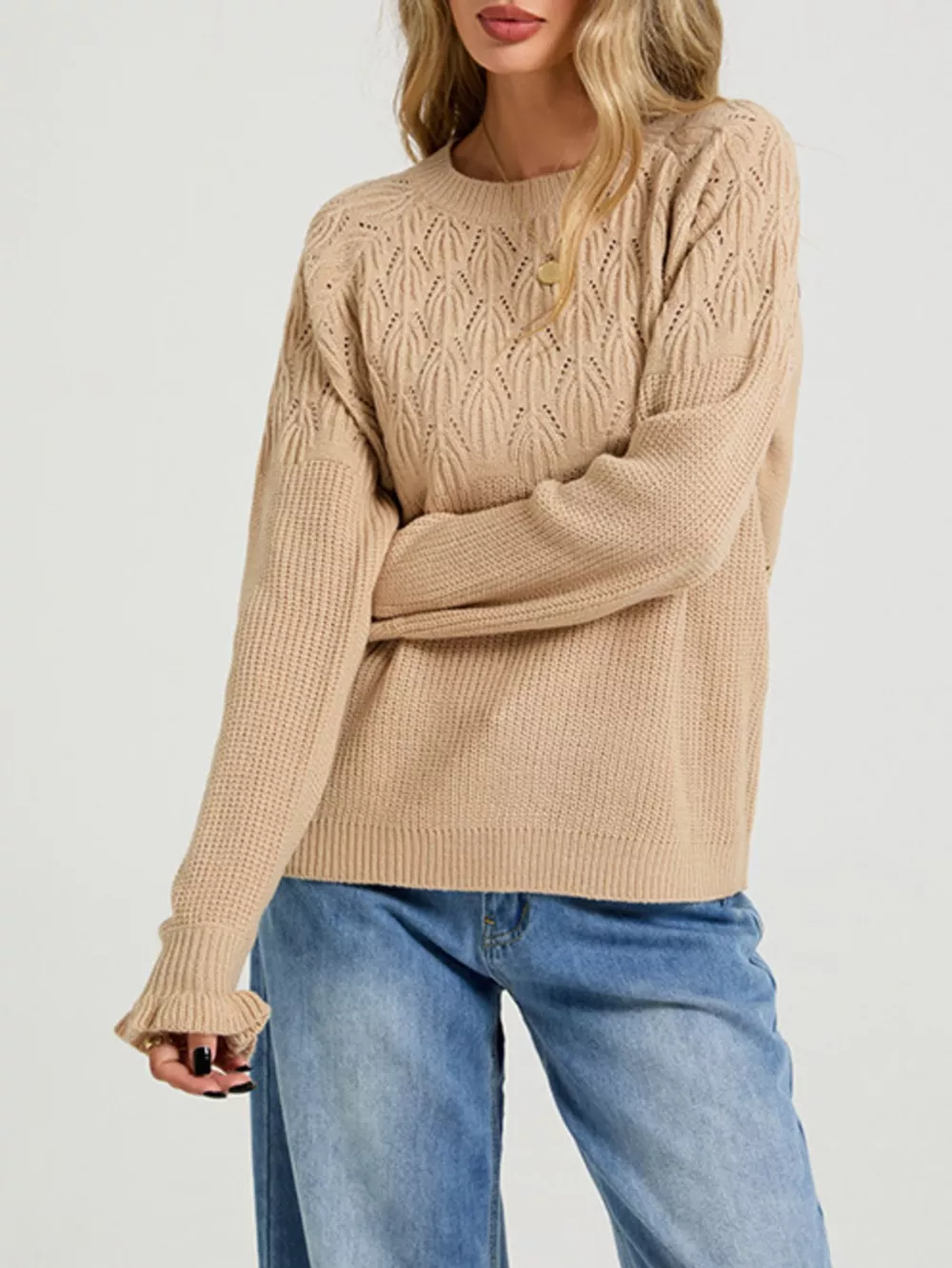 Pointelle Knit Round Neck Sweater, image 3