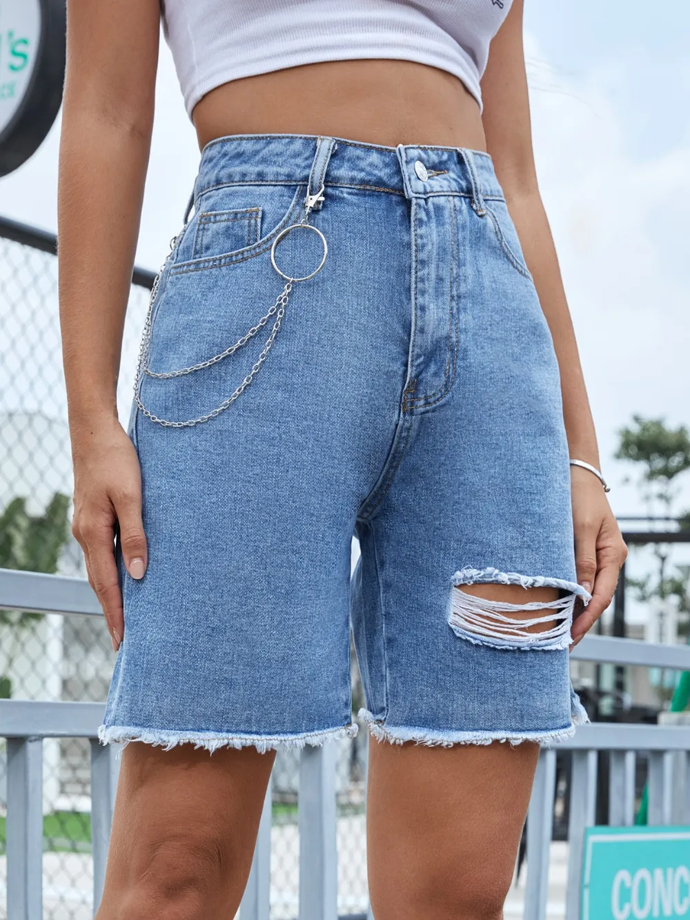 Distressed Raw Hem Denim Shorts, image 5