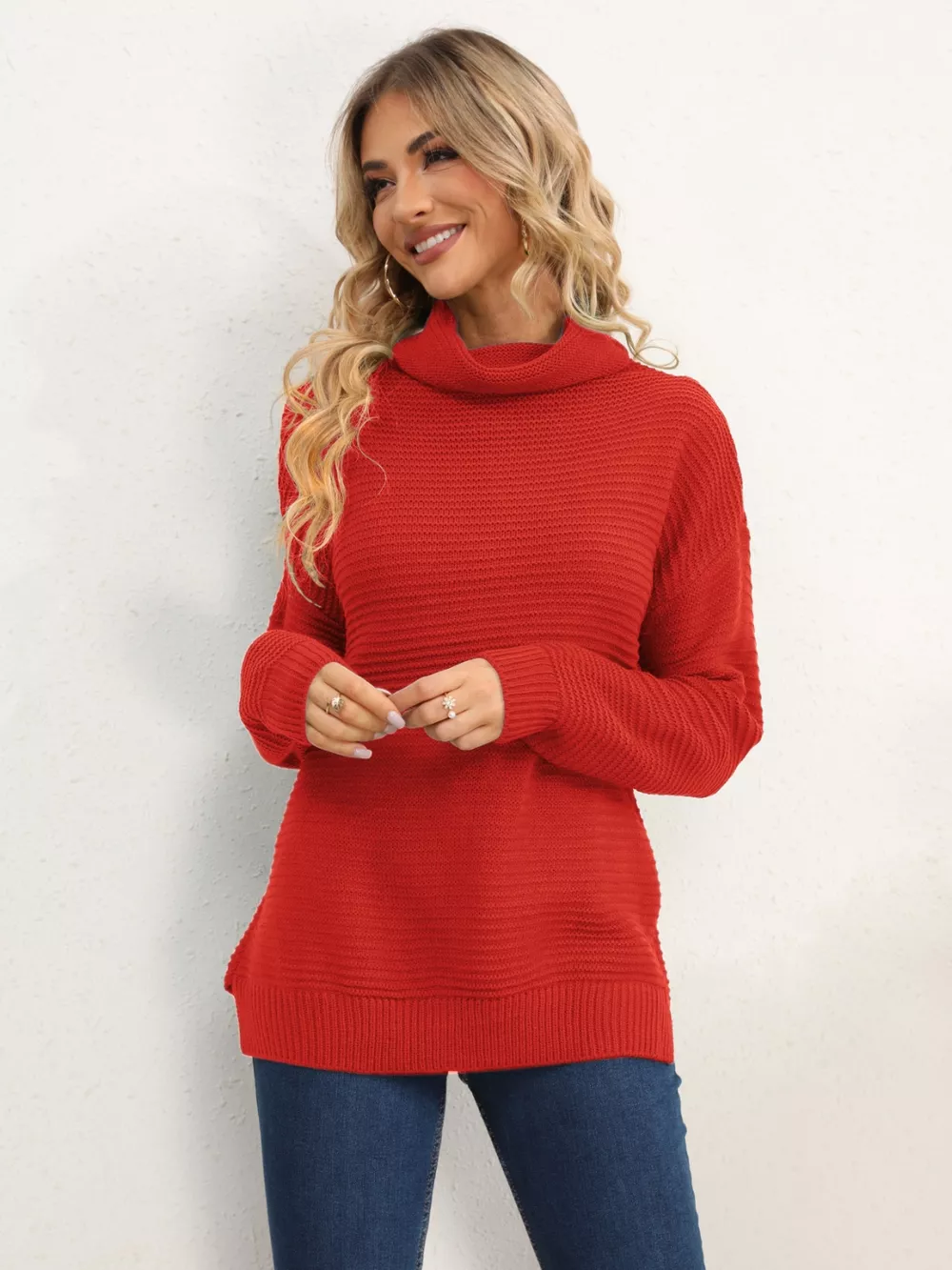 Slit Turtleneck Dropped Shoulder Sweater, image 13