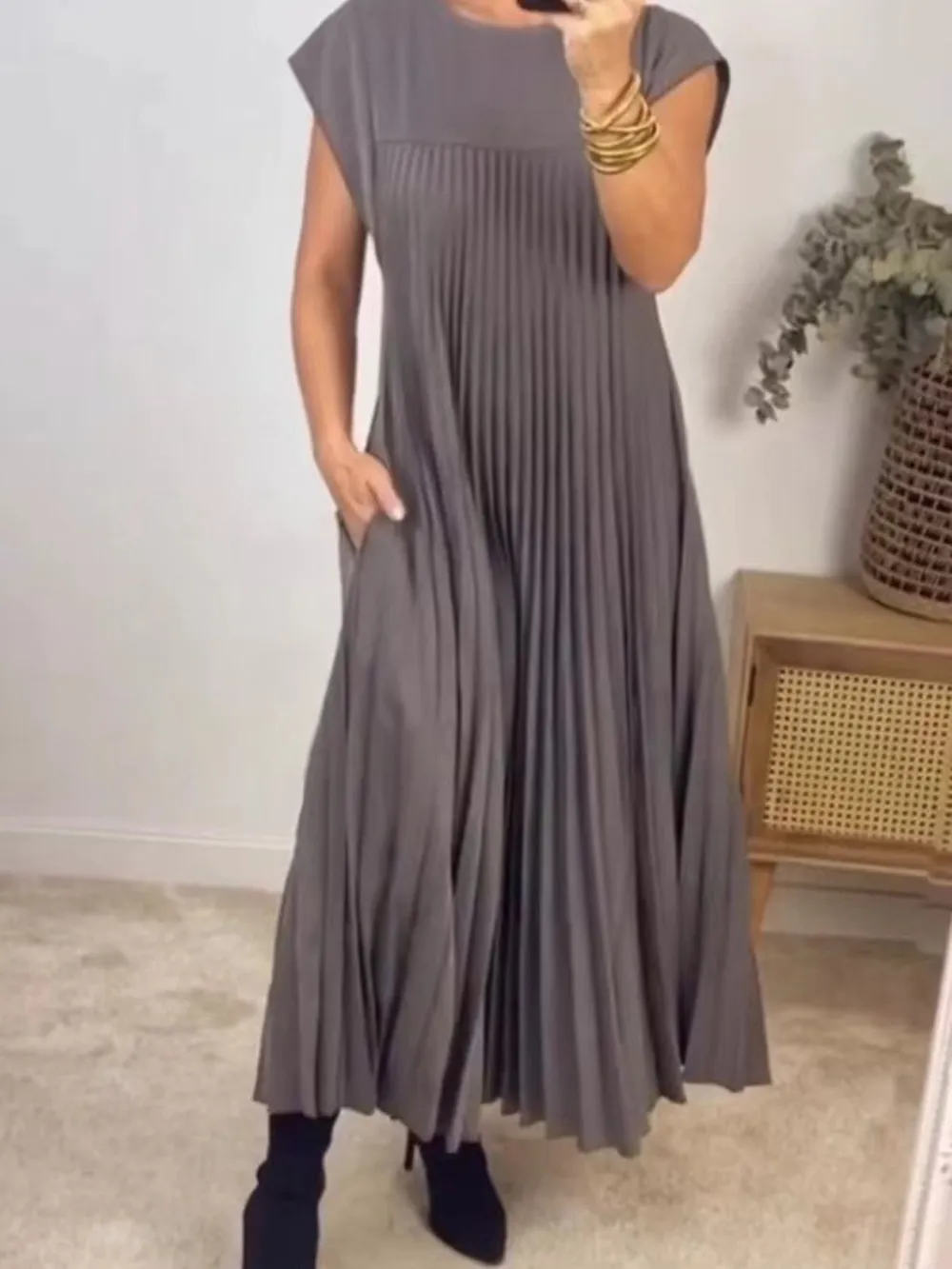 Full Size Pleated Round Neck Maxi Dress Plus Size, image 8