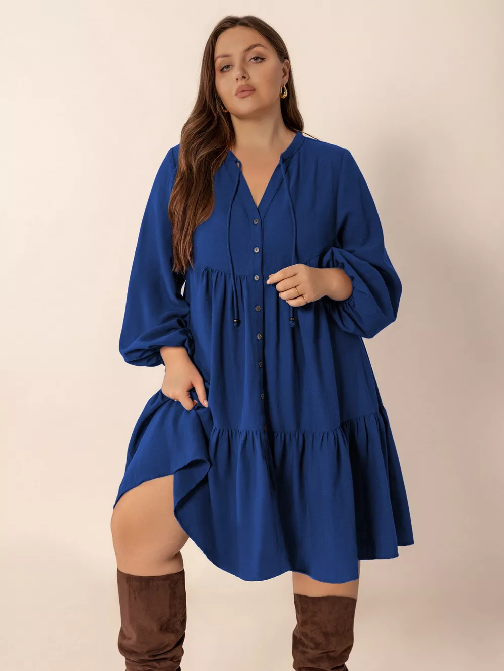 Plus Size Tie Neck Balloon Sleeve Dress, image 5