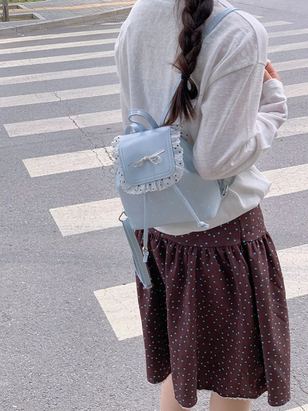 Polka Dot Lace Trim Bowknot Mini Backpack Bag, image 6
