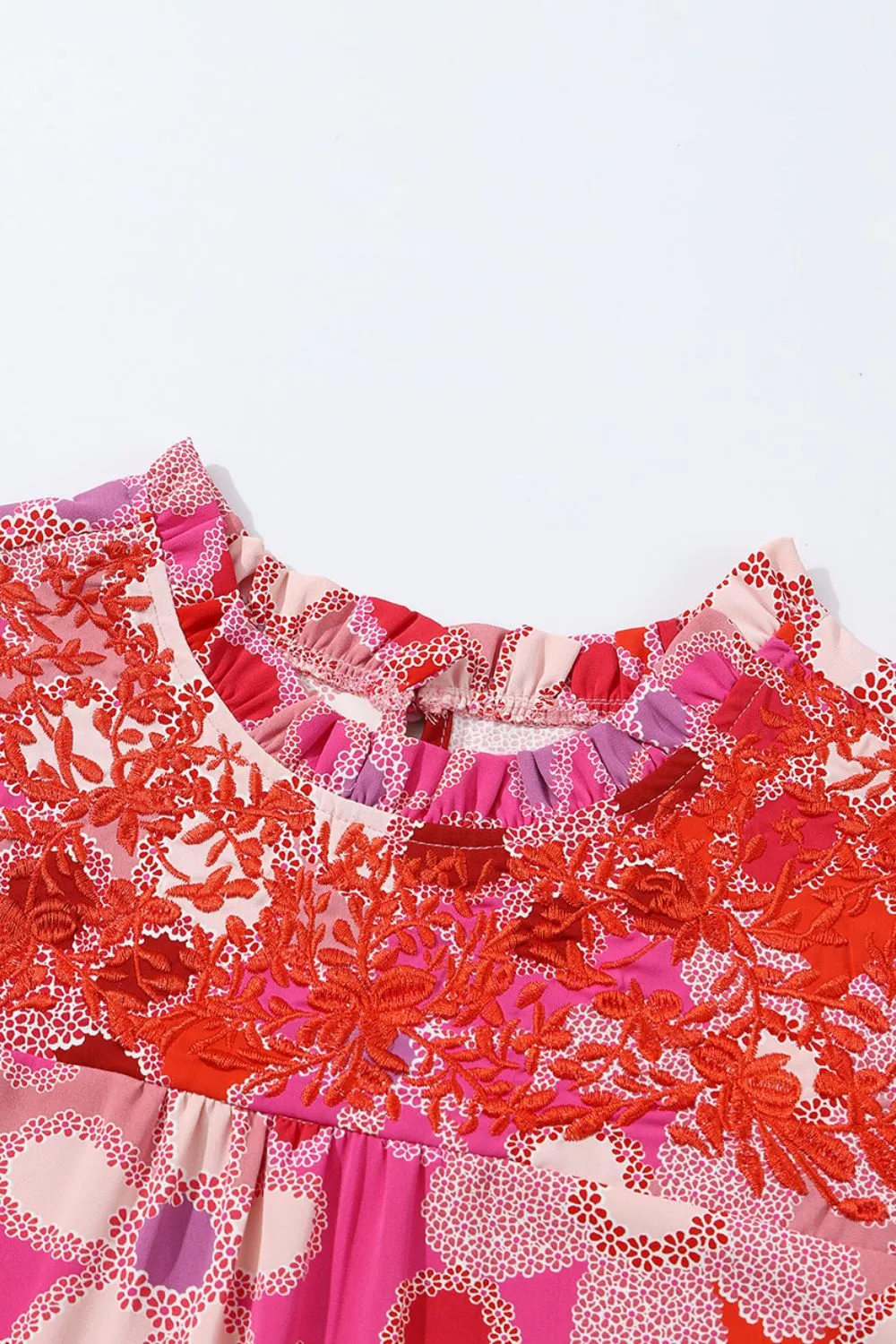 Embroidered Detail Floral Ruffle Cap Sleeve Blouse, image 6