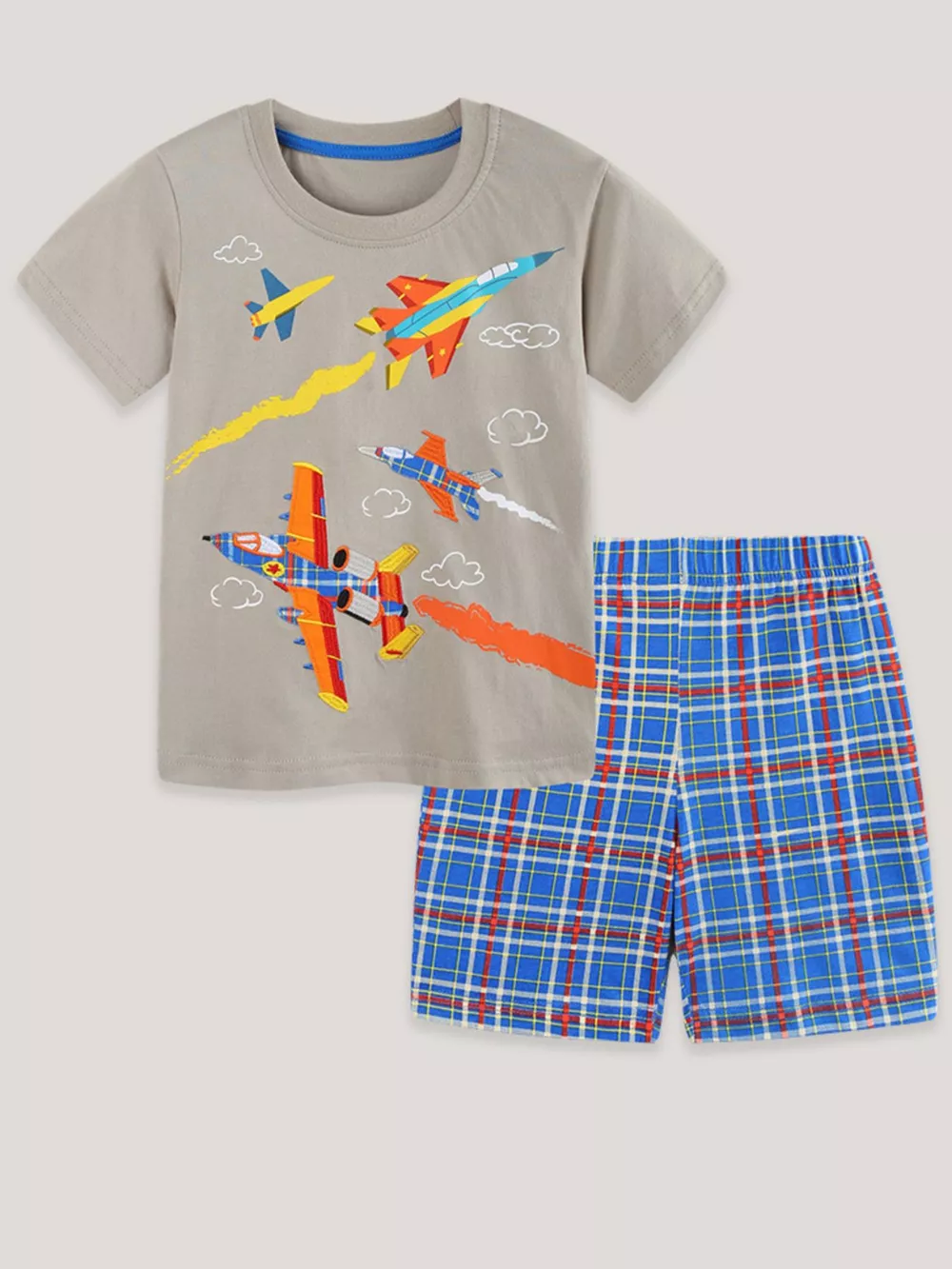 Children's Airplane Graphic Tee & Plaid Shorts Set, image 2