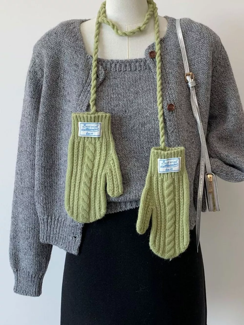 Cable Knitted Mittens with Neck Strap, image 4