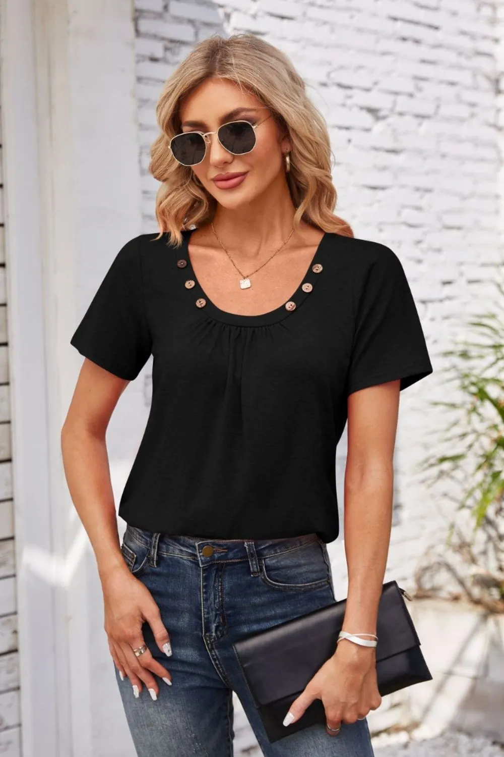 Decorative Button Scoop Neck T-Shirt, image 13