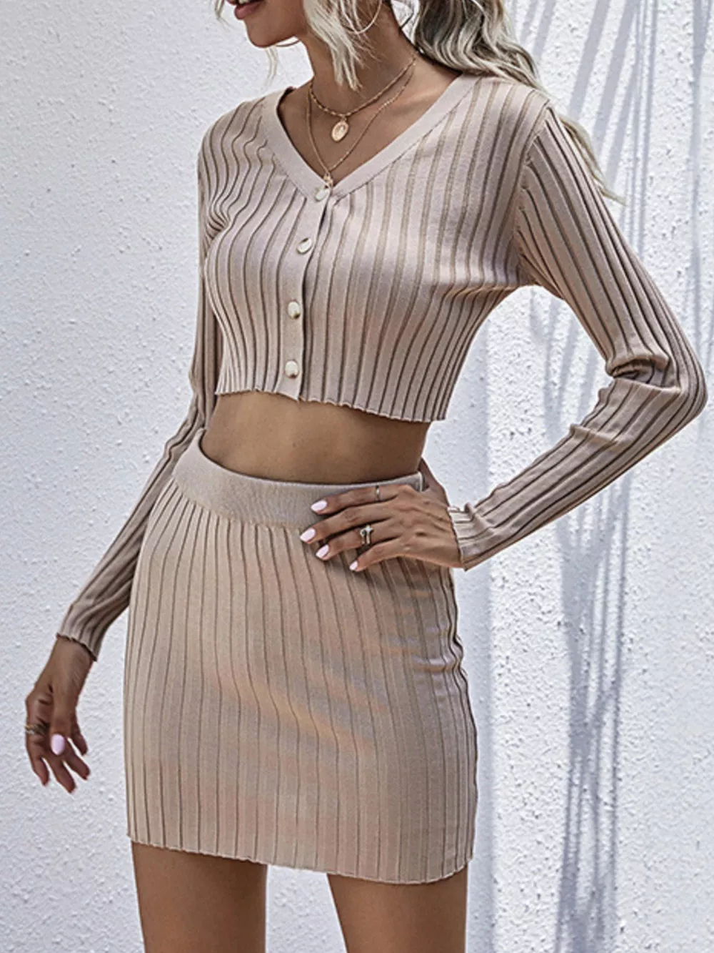 Ribbed Knit Cardigan & Mini Skirt Set, image 4