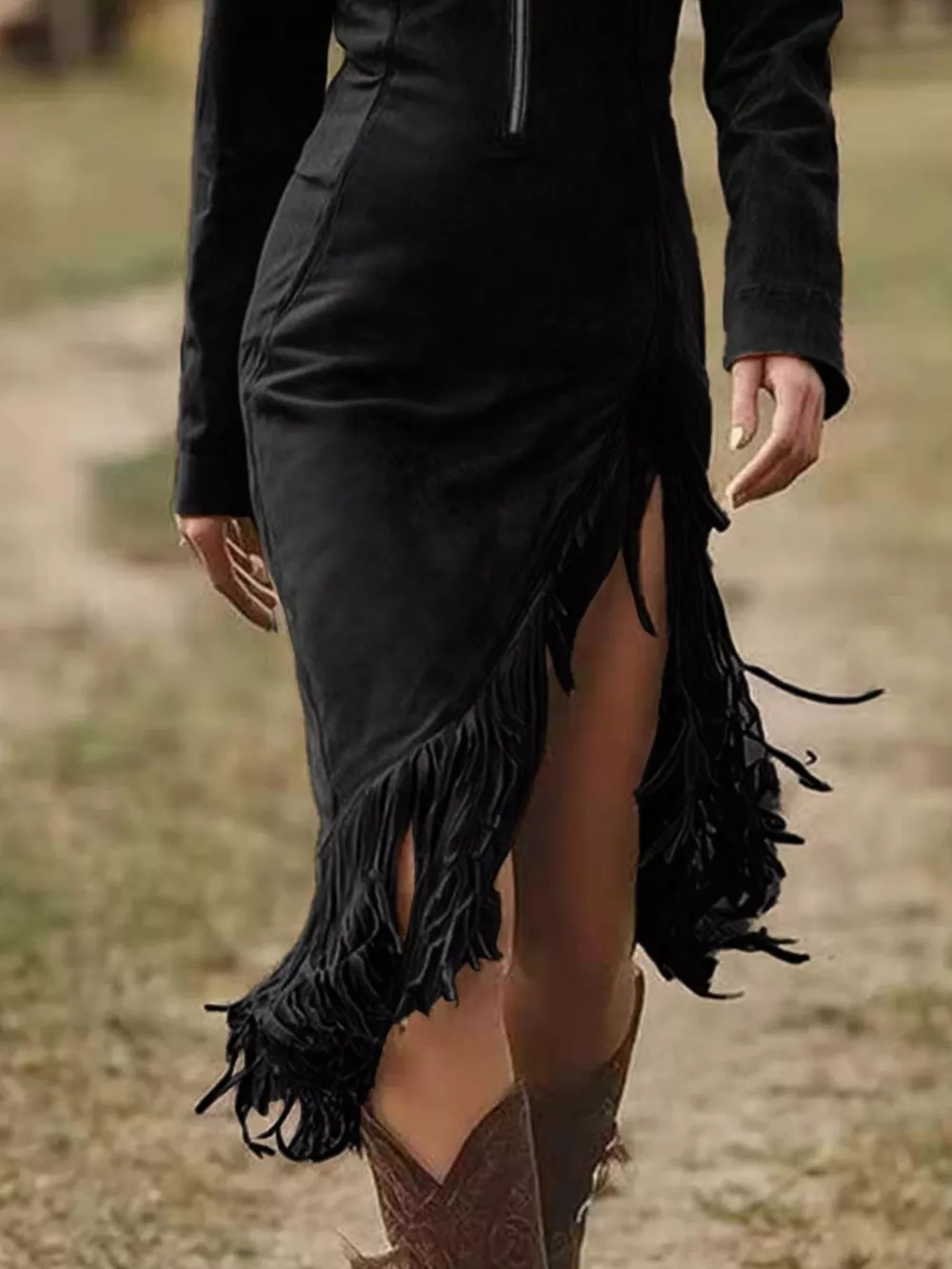 Full Size Fringe Hem Zip Front Bodycon Dress Plus Size, image 4