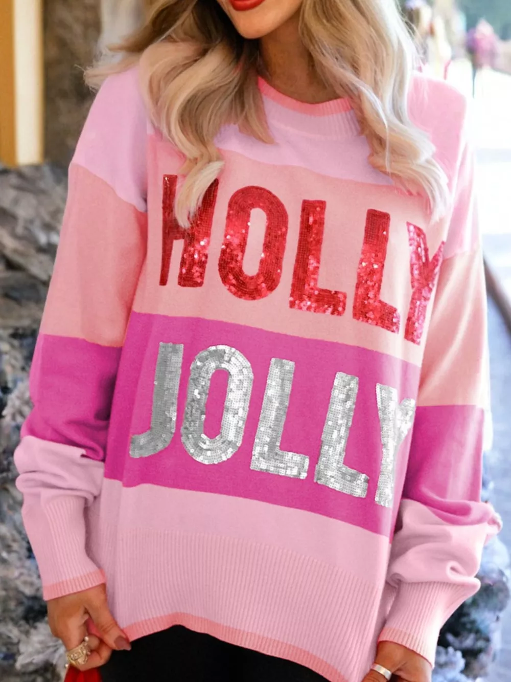 Sequined HOLLY JOLLY Color Block Crew Neck Sweater, image 2