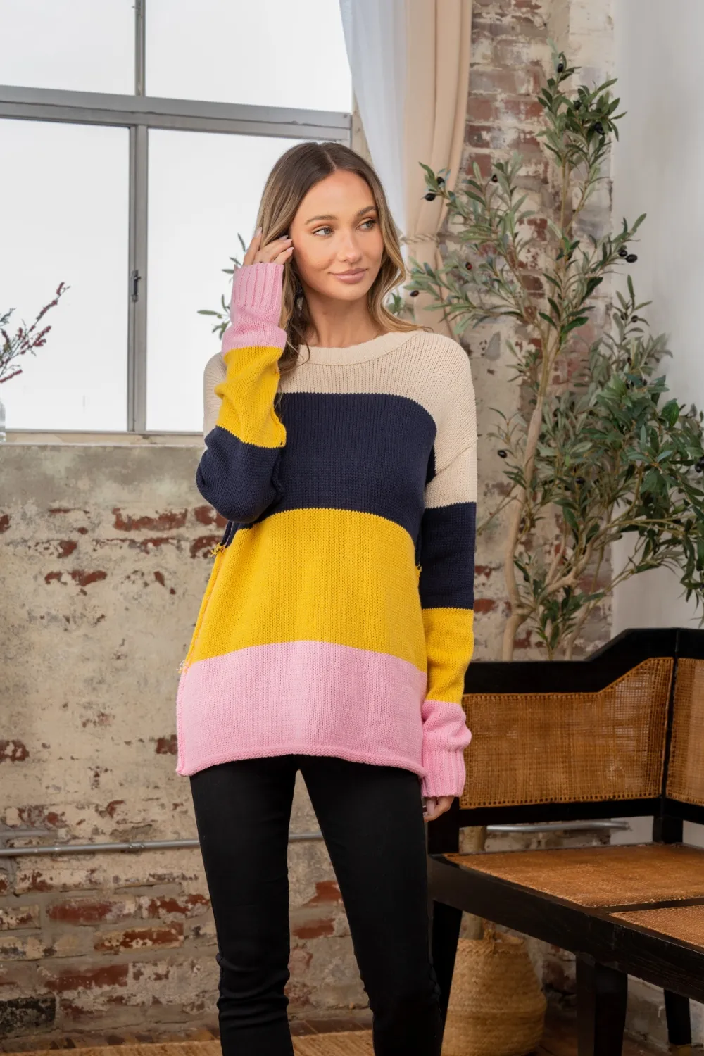 Full Size Color Block Exposed Seam Sweater, image 4