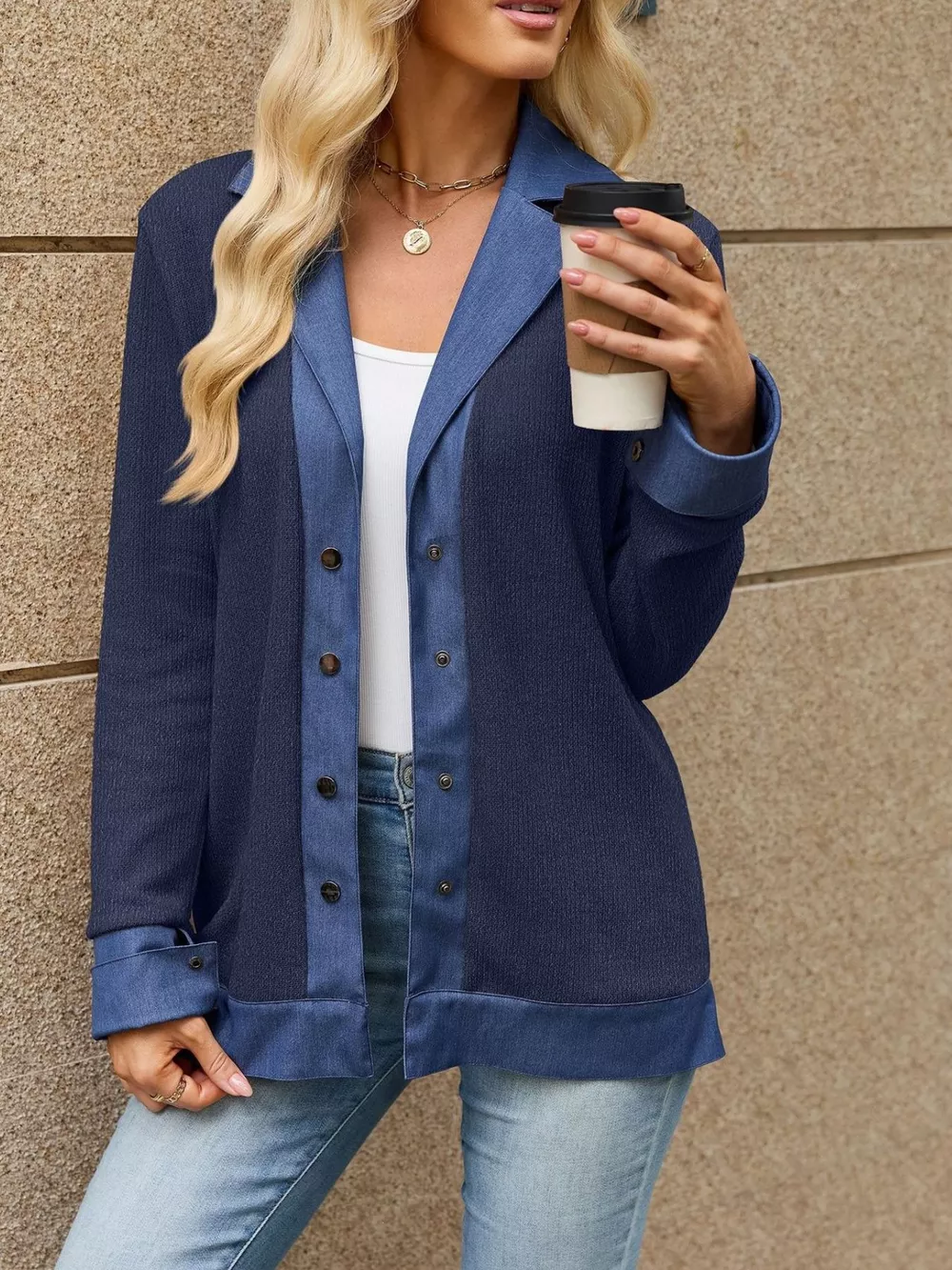 Contrast Denim Lapel Collar Outerwear, image 19