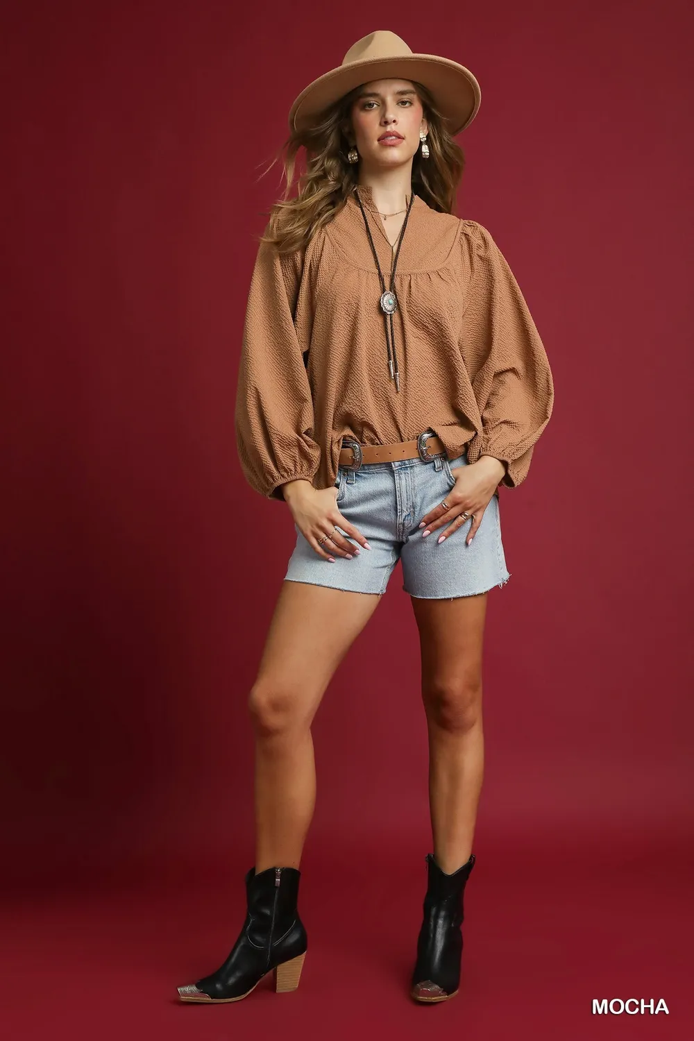 Textured Notched Blouse with Balloon Sleeves, image 5