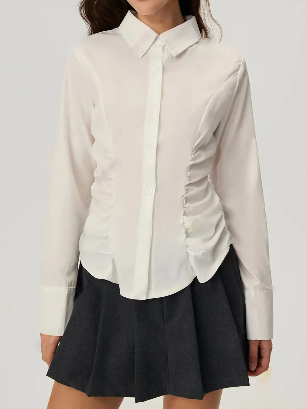 Ruched Button Down Long Sleeve Shirt, image 3