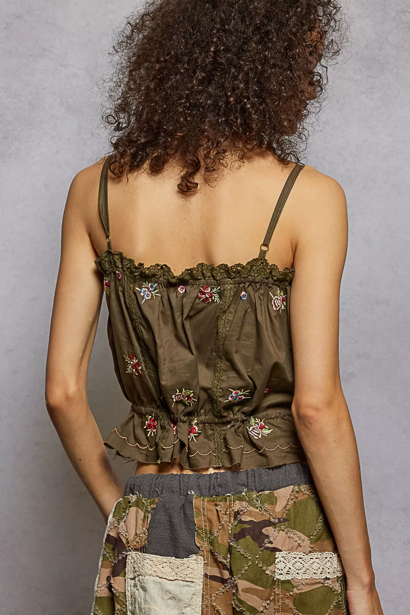 Button Down Floral Embroidered Cropped Cami with Lace Detail, image 4