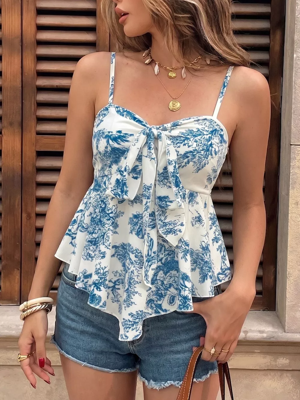 Floral Print Tie Front Ruffle Hem Cami