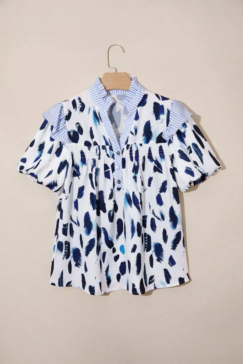 Abstract Animal Print Striped Ruffle Trim V Neck Blouse, image 6