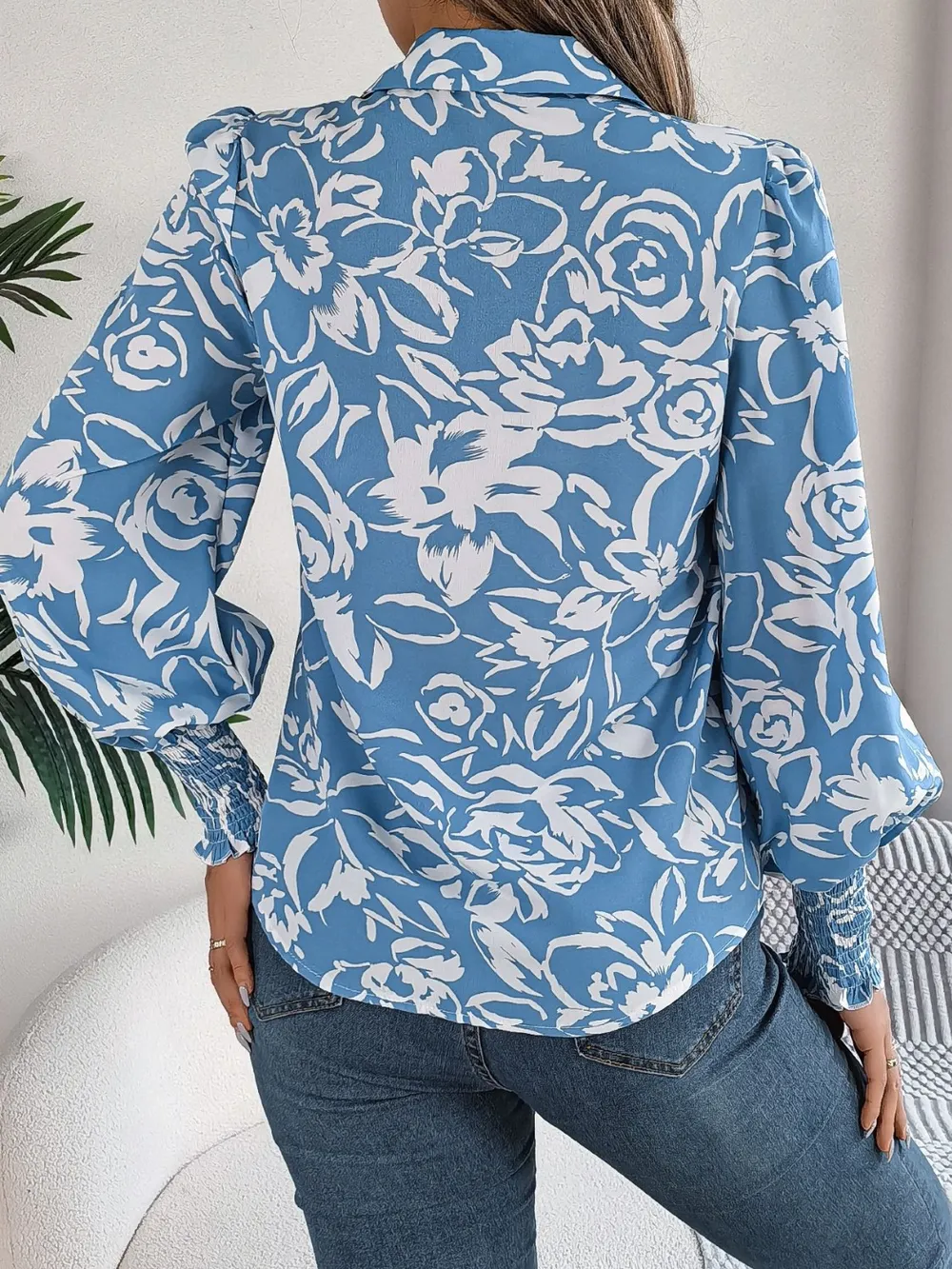 Printed Collared Neck Lantern Sleeve Shirt, image 2