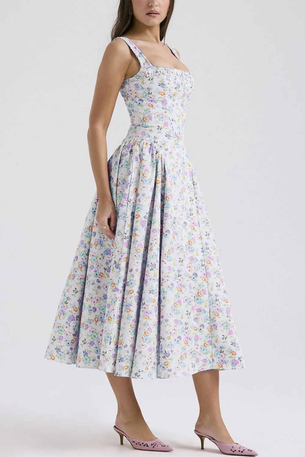 Floral Square Neck Wide Strap Midi Dress