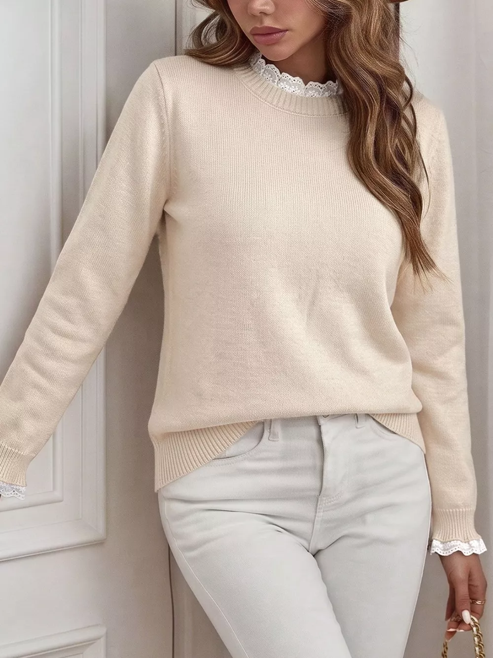 Elegant Lace Trim Round Neck Sweater, image 5