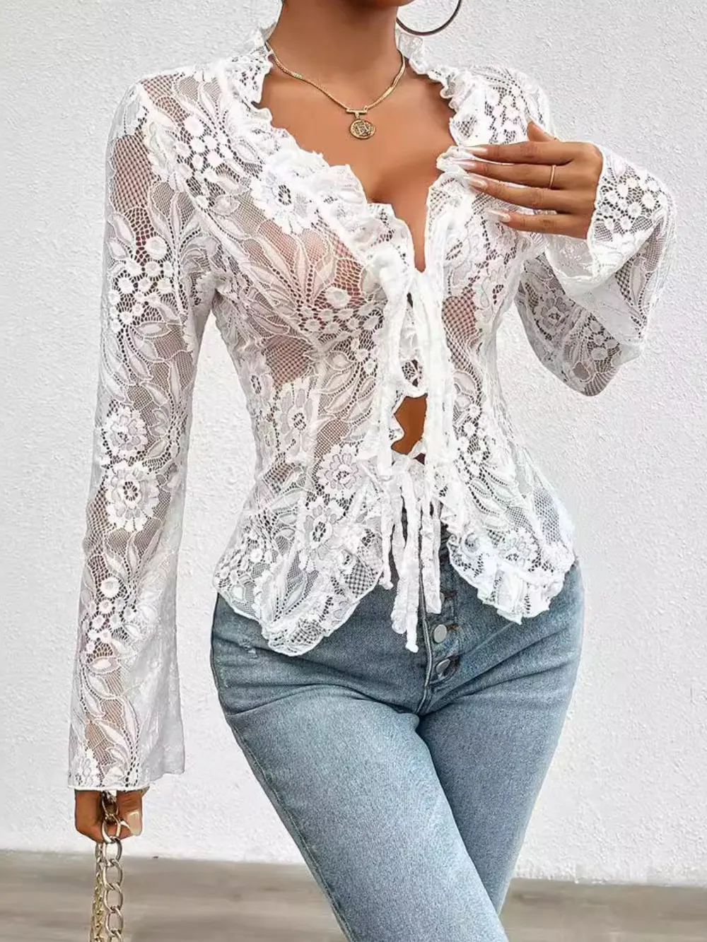 Tied V-Neck Long Sleeve Lace Top, image 6