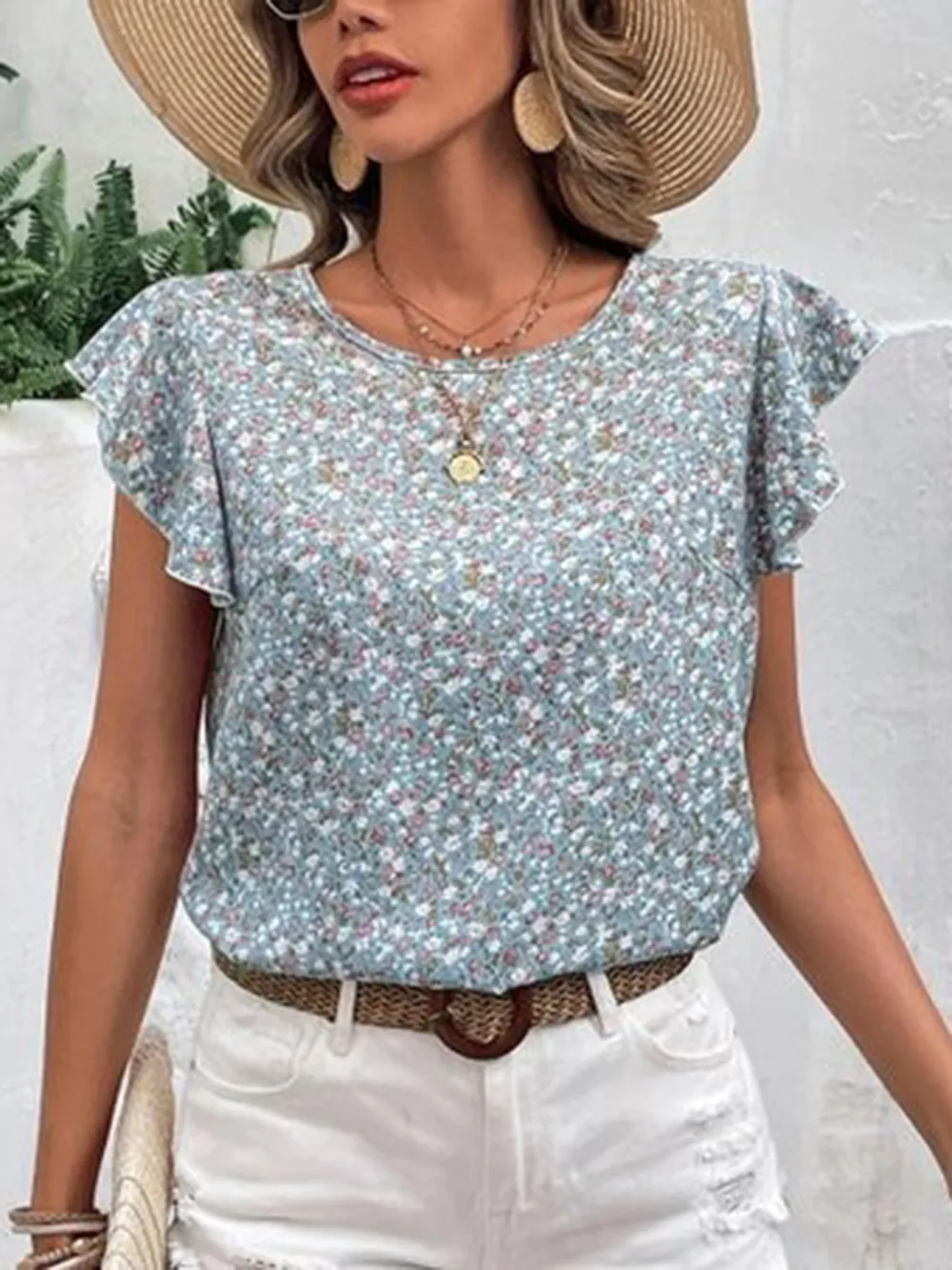 Ditsy Floral Round Neck Cap Sleeve Top, image 4