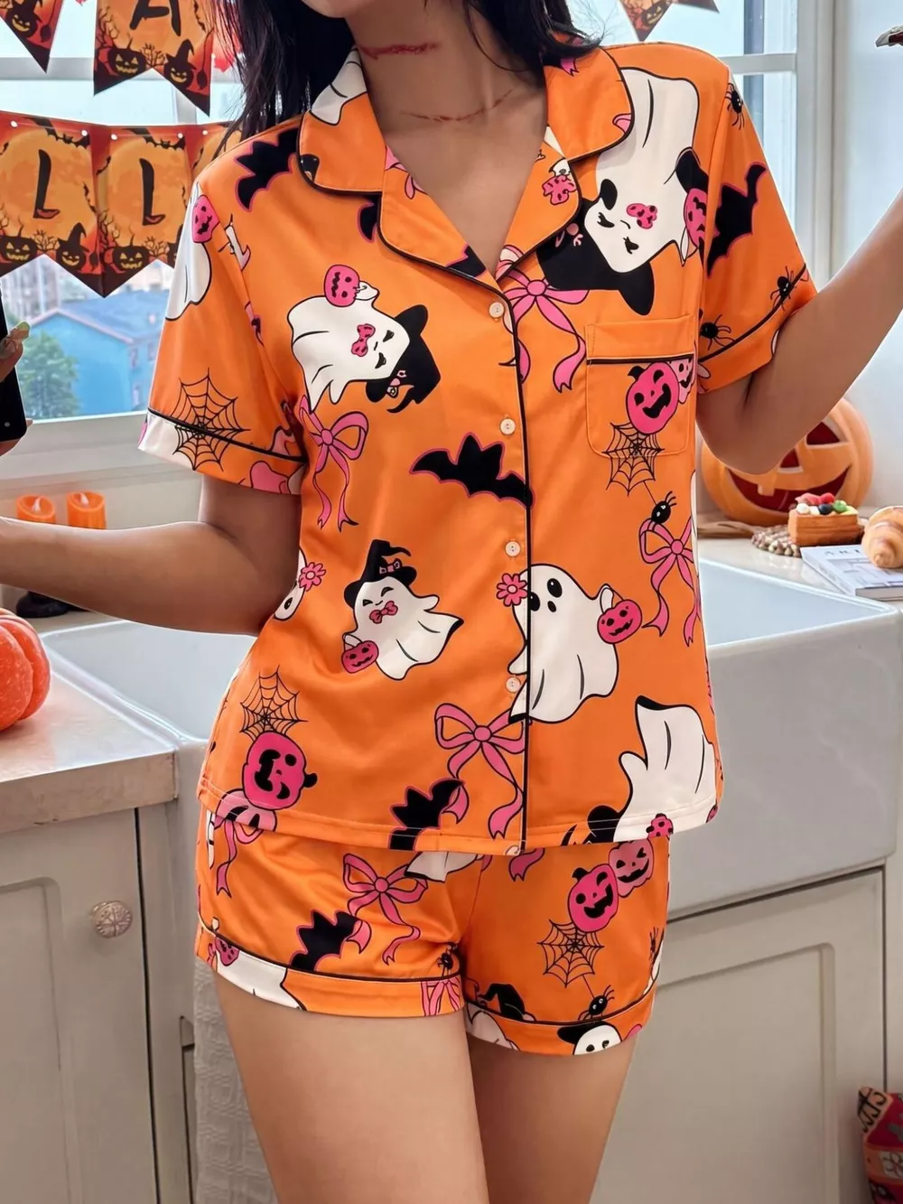 Halloween Ghost Print Button-Down Top and Shorts Lounge Set