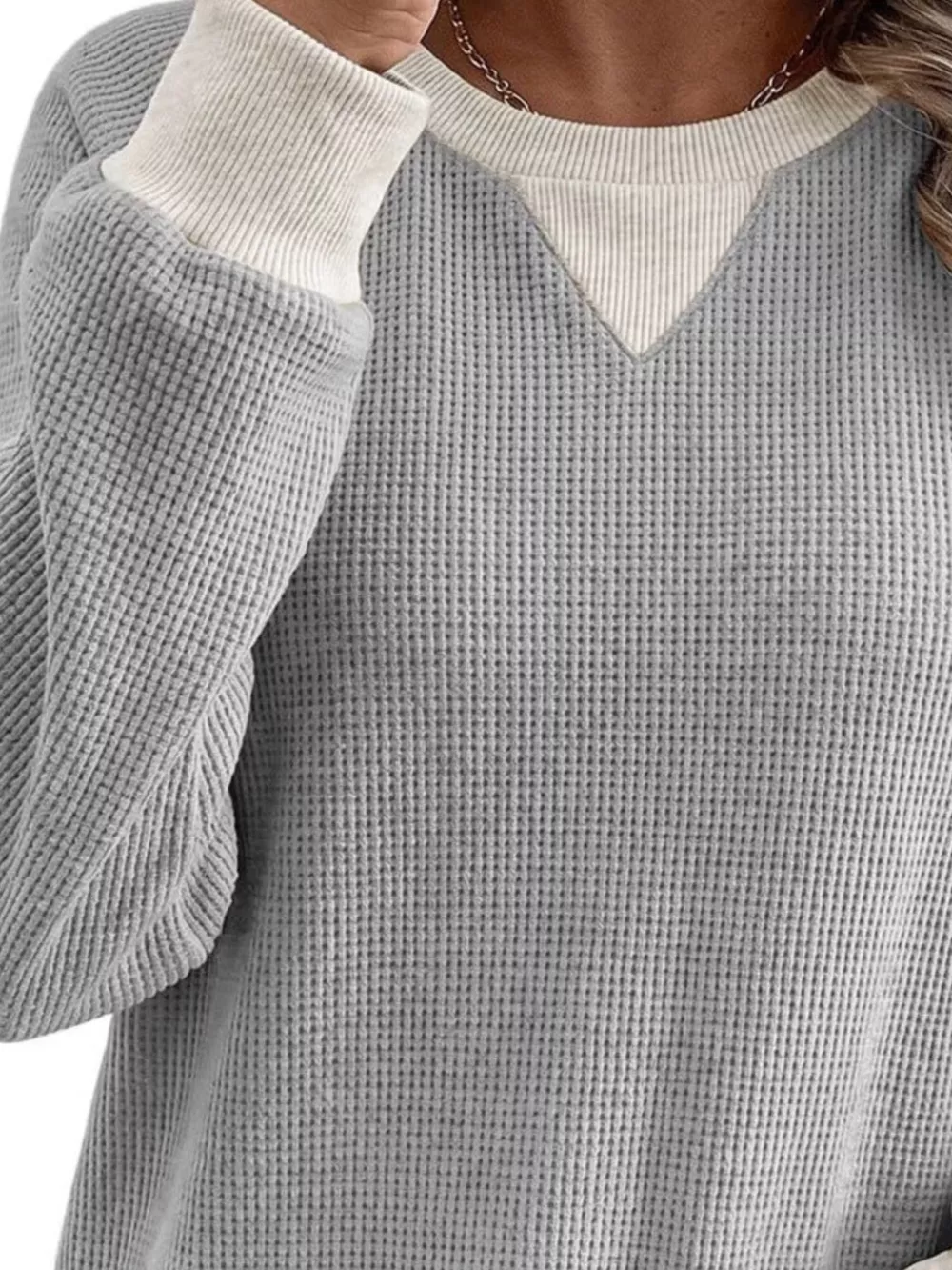 Waffle Knit Crew Neck Long Sleeve Sweatshirt, image 14