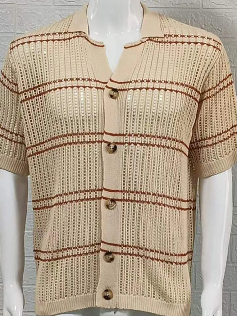 Men's Striped Collared Neck Hollow Out Shirt, image 3