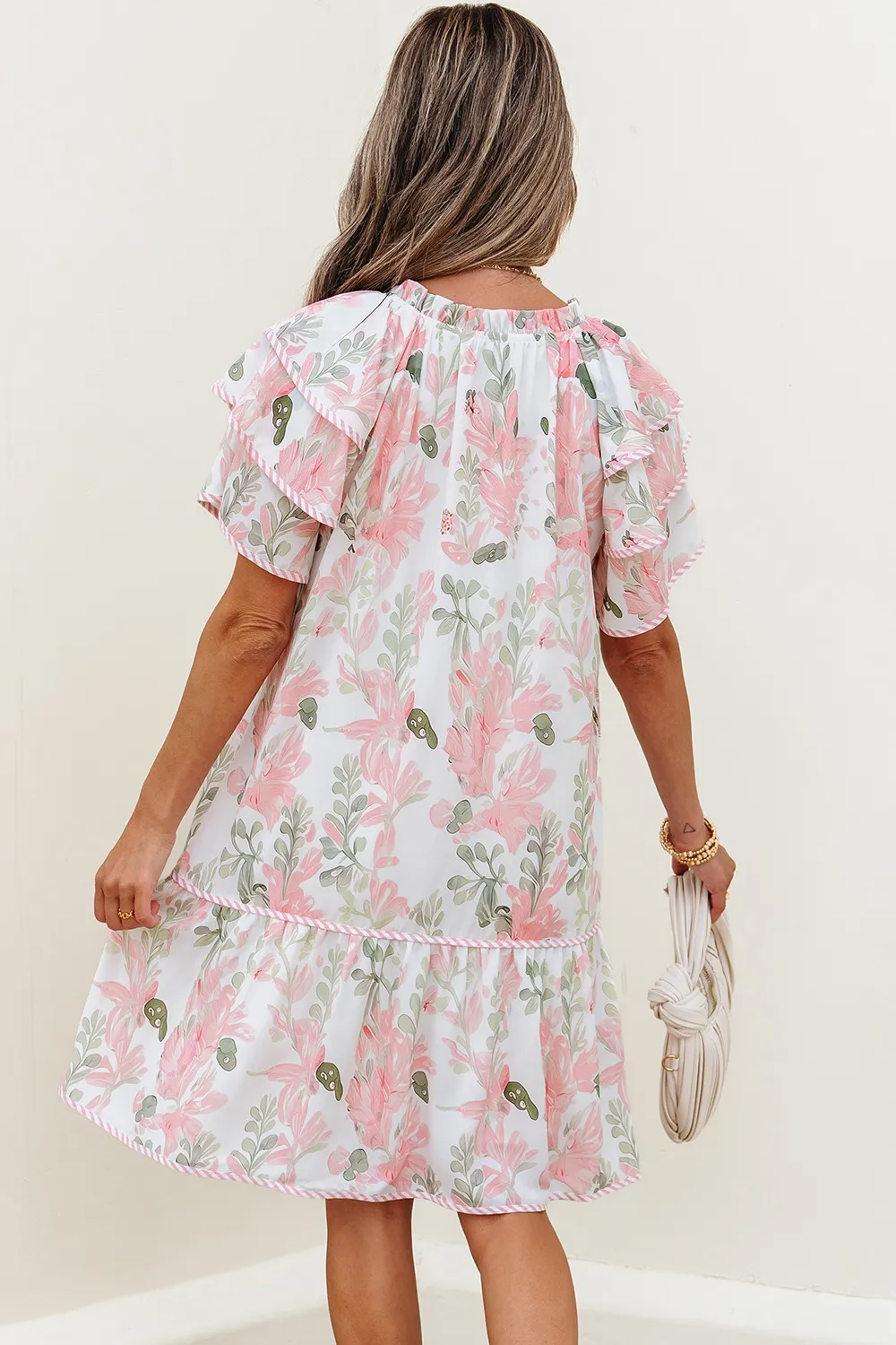 Floral Contrast Edge Layered Short Sleeve Mini Dress, image 7