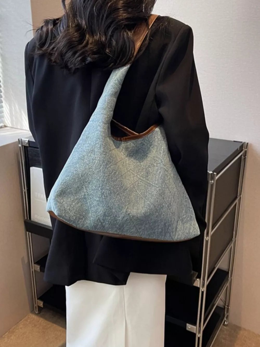 Denim Shoulder Bag with Leather Trim, image 5